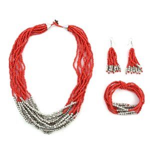 Red Glass Resin Stretch Bracelet Dangle Drop Earrings Necklace Set E462